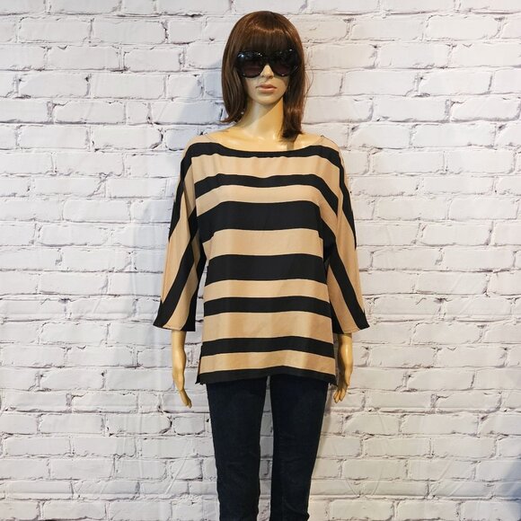 THE LOFT - striped tan/black lightweight 3/4 sleeve blouse - Picture 4 of 10